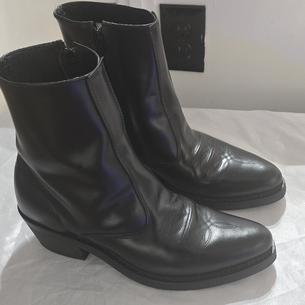 Mens Western Cowboy Black Leather Boots 7" Zipper Shaft Single Stitched Laredo?